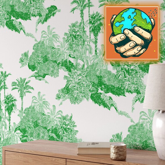 Tropical Green Toile de Jouy Wallpaper - Exquisite Nature-Inspired Wall Decor for a Lush and Serene Ambiance