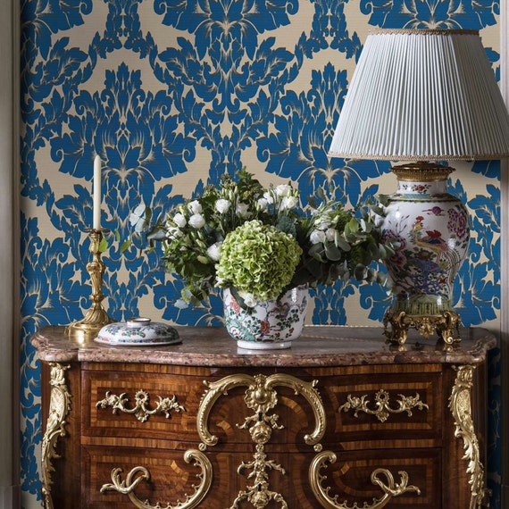 Blue Victorian Baroque Damask Wallpaper, Vintage Style retro design for Living Room Decor