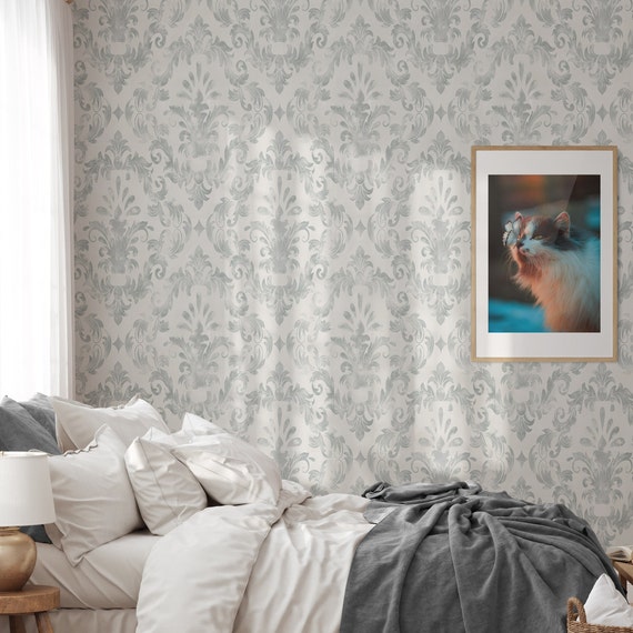 Vintage Damask Elegant Wallpaper, Vintage Nursery Decor, Antique Wall Art Light Blue