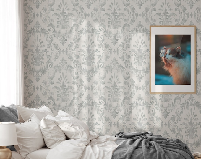 Vintage Damask Elegant Wallpaper, Vintage Nursery Decor, Antique Wall Art Light Blue