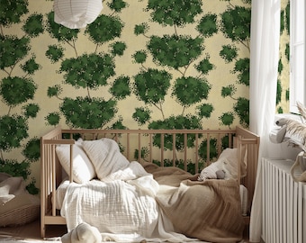 Green Botanical Tree Wallpaper, Grasscloth Forest Wall Decor, Relaxing Foliage Art, Verdant Canopy Nature Wallcovering