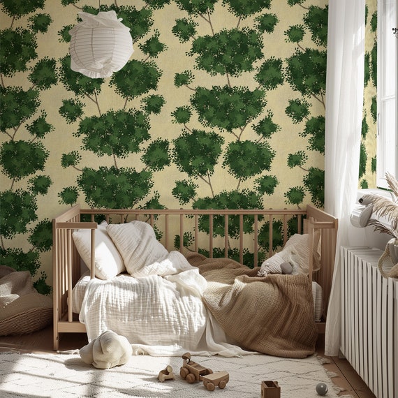 Green Botanical Tree Wallpaper, Grasscloth Forest Wall Decor, Relaxing decor, Foliage Wall Art, Verdant Canopy Wallpaper