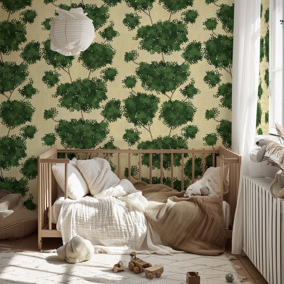 Green Botanical Tree Wallpaper, Grasscloth Forest Wall Decor, Relaxing Foliage Art, Verdant Canopy Nature Wallcovering