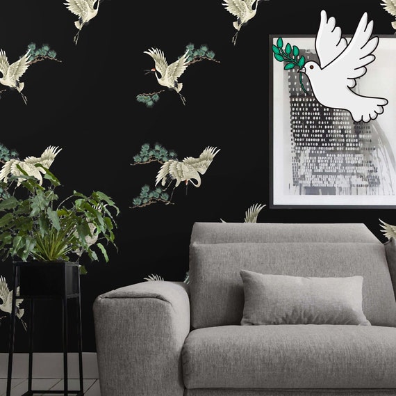 Black Crane Asian Wallpaper, Japanese Print Chinoiserie for Dark Decor, Heron Birds