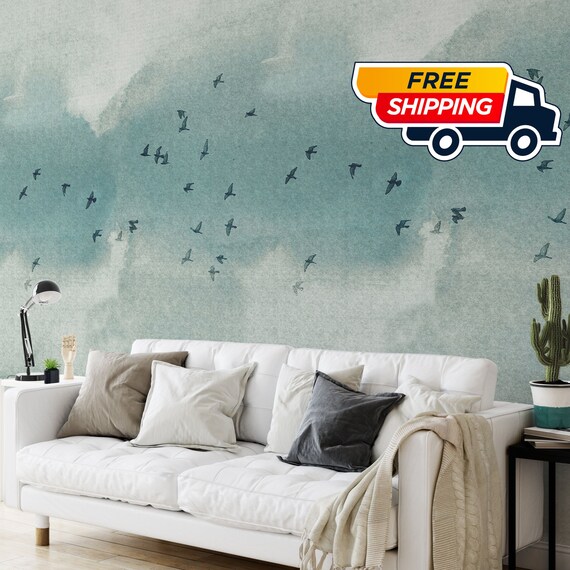 Extra Large Wall Art Flock Birds Nature Wallpaper, Watercolor Green Landscape painting Flying Birds Wall Decor