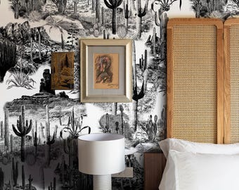 Ethereal Desert Landscape in Enchanting Etched Black and White, Wild West: Etched Cactus Wallpaper