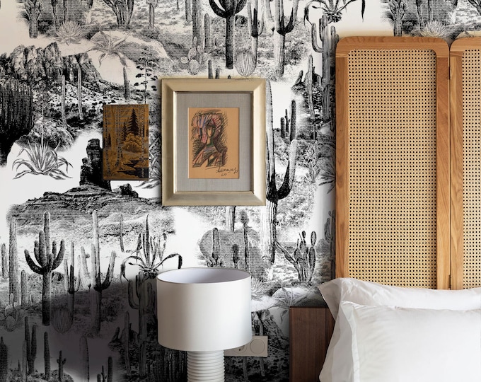 Ethereal Desert Landscape in Enchanting Etched Black and White, Wild West: Etched Cactus Wallpaper