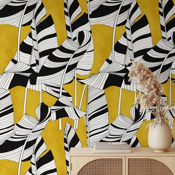Black And White Tropical Forest Art Print, Gold Banana Leaves, Monochrome Botanical Decor, Modern Wall Art, Boho Home Decor