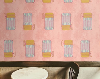 Pop Art Fish Can Wallpaper | Pink Whimsical Wall Décor for Bold & Modern Spaces | Unique Design for Creative Home Decor