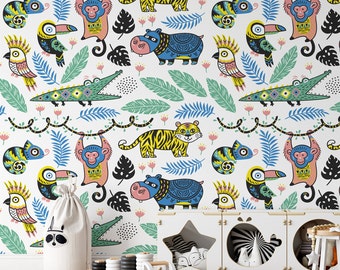 Jungle Wallpaper for nursery Decor, Safari Wall Art for Kids Room