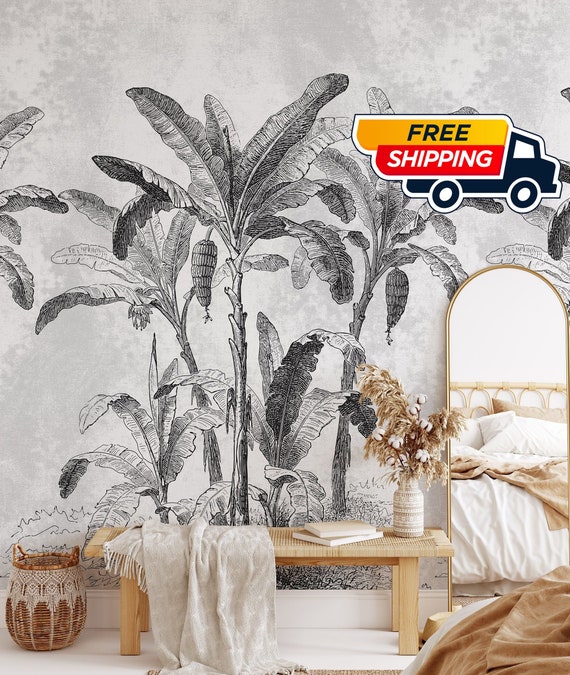 Monochrome Jungle wallpaper, Tropical Landscape wallpaper, Black and white wall decor, Large wall art for a Tropical decor.