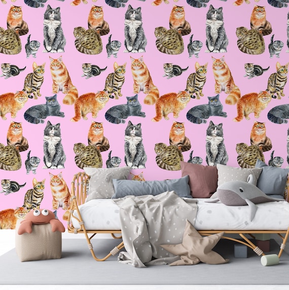 Pink Cat Wallpaper for Kids Room, Watercolor Cats Nursery Art for Accent Wall