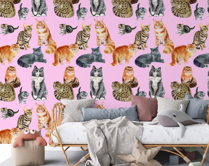 Pink Cat Wallpaper for Kids Room, Watercolor Cats Nursery Art for Accent Wall