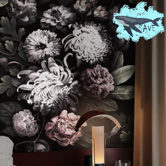Peony Wallpaper for Dark Floral Mural, Wild Flowers Modern Wall Art Bedroom Decor