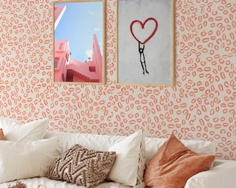 Leopard Print Animal Wallpaper, Pink and Red Kisses Wallpaper, Lipstick Wall Decor, Lips Kiss Wall Art, Renter Friendly