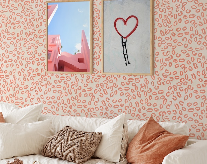 Leopard Print Animal Wallpaper, Pink and Red Kisses Wallpaper, Lipstick Wall Decor, Lips Kiss Wall Art, Renter Friendly