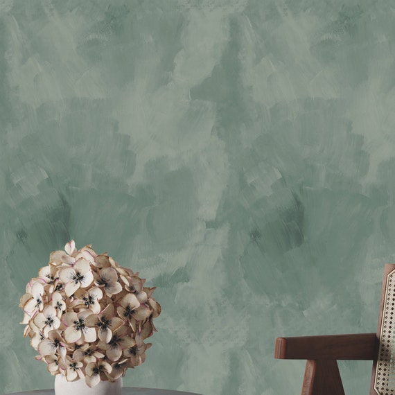 Dark Aquarelle Green Brushstrokes Wallpaper, Industrial Concrete Modern Grunge Venetian Plaster Wall Decor