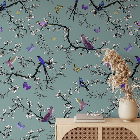 Birds and Butterflies Wallpaper for Children Room Decor, Sparrow Wall Decor