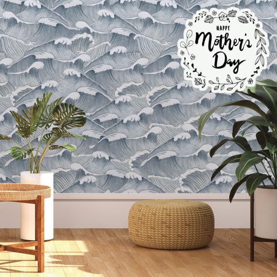 Hand-drawn Blue and White Japanese Wave Wallpaper - Serene Oceanic Wall Decor for a Zen Ambience, Whimsical Marine Wallpaper