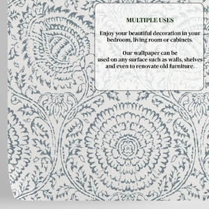 May include: A white wallpaper with a blue floral pattern. The wallpaper can be used on walls, shelves, and furniture. "Multiple Uses" is written in green text on a white rectangle. "Enjoy your beautiful decoration in your bedroom, living room or cabinets. Our wallpaper can be used on any surface such as walls, shelves and even to renovate old furniture."