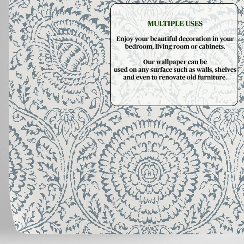 May include: A white wallpaper with a blue floral pattern. The wallpaper can be used on walls, shelves, and furniture. "Multiple Uses" is written in green text on a white rectangle. "Enjoy your beautiful decoration in your bedroom, living room or cabinets. Our wallpaper can be used on any surface such as walls, shelves and even to renovate old furniture."