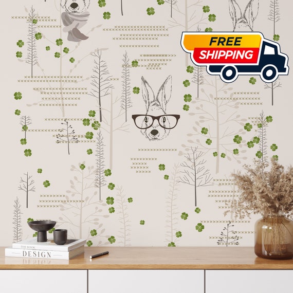 Boho Rabbits Nursery Wallpaper with Trees, Kids Room Decor with Rabbit