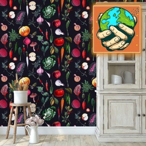 Food Ingredients Restaurant Wallpaper, Retro Kitchen Veggie Wall decor, Farmhouse Wall Art