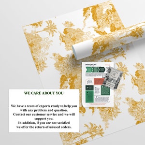 May include: A white background with a yellow floral pattern. The text "WE CARE ABOUT YOU" is in a black box. The text below reads: "We have a team of experts ready to help you with any problem and question. Contact our customer service and we will support you. In addition, if you are not satisfied we offer the return of unused orders."