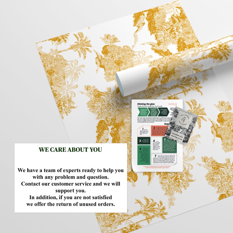 May include: A white background with a yellow floral pattern. The text "WE CARE ABOUT YOU" is in a black box. The text below reads: "We have a team of experts ready to help you with any problem and question. Contact our customer service and we will support you. In addition, if you are not satisfied we offer the return of unused orders."