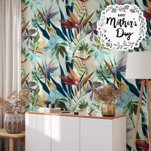 Bali Wallpaper with Tropical Print for Living Room Decor, Hawaiian flowers Colorful Floral Boho Wall Art