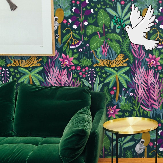 Bring the Jungle into Your Home with Our Tropical Wallpaper | Featuring a Majestic Tiger and Playful Monkey in a Lush Forest