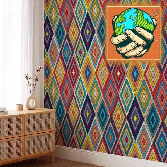 Patchwork Tribal Boho Wallpaper, Ethnic Wall Decor with Hand-Drawn Ornament