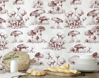 Red Mushroom Forest Wallpaper - Enchanting Botanical Print, Nature-Inspired Wall Decor for Magical Rooms & Cozy Spaces