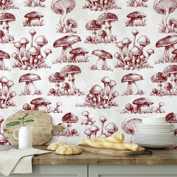 Red Mushroom Forest Wallpaper - Enchanting Botanical Print, Nature-Inspired Wall Decor for Magical Rooms & Cozy Spaces