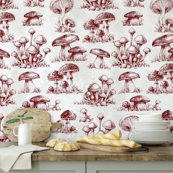 Enchanting Red Mushroom Forest Wallpaper - Embrace the Magic of Nature! Botanical Print Mushroom Wallpaper