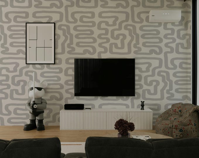 Line Brush Strokes Wallpaper Grey & White - Removable Soft Paintbrush Wall Art for Modern Home Decor