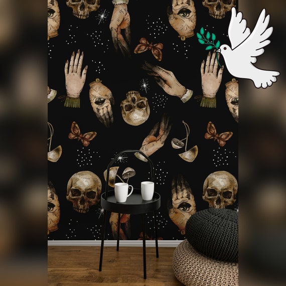 Gothic Wallpaper with Skull and Hands, Fantasy Wall Decor for Dark Victorian Macabre Art