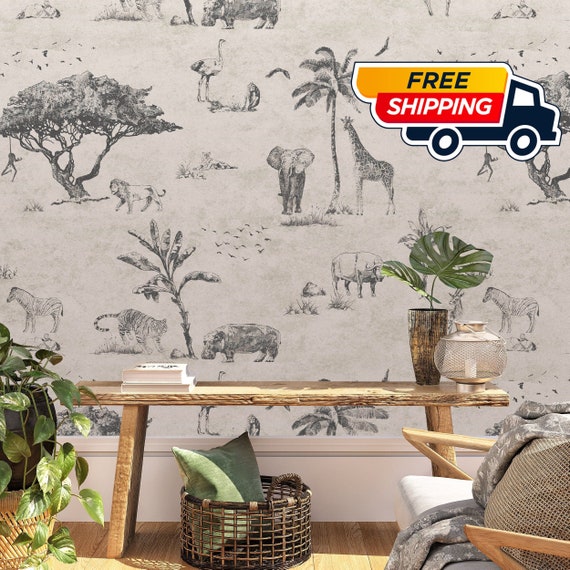 Safari Wallpaper with Wild Animal, African Forest Wall Mural, Exotic Animals Wall Art, Tiger and Elephant Wallpaper