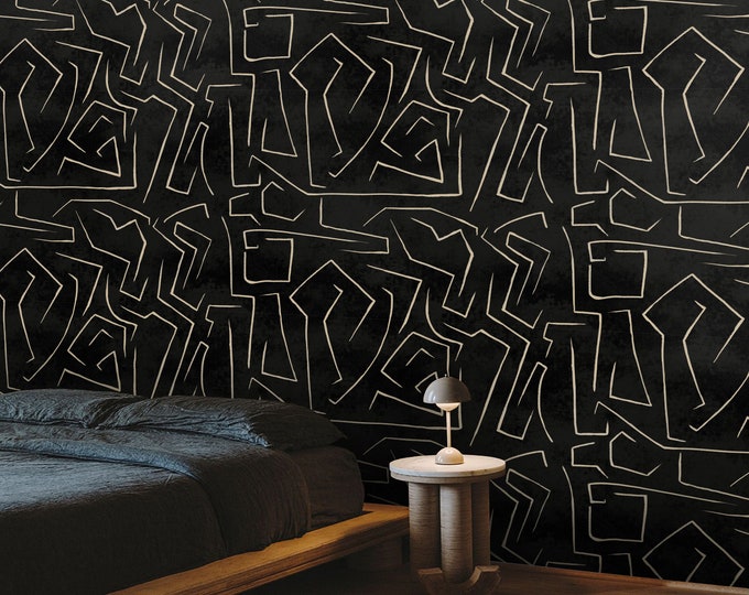 Black and Gold Abstract Wallpaper, Bold Graphic Lines, Luxury Modern Wall Art, Paper Wallpaper in Pre-Cut Sheets
