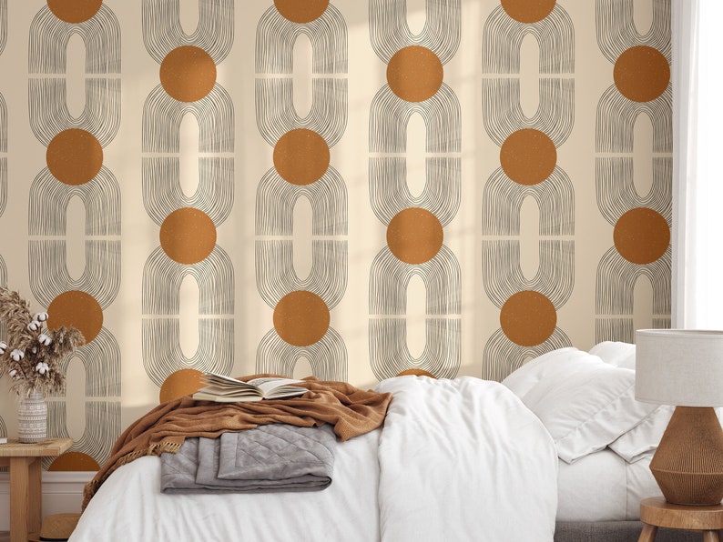 Light Beige Art Deco Wallpaper, Earth Tone Retro Wall Decor, Grunge Wall Art image 3