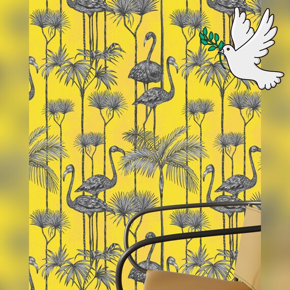 Yellow Flamingo Wallpaper, Tropical Birds Vintage Wallpaper, Dramatic Wall Covering