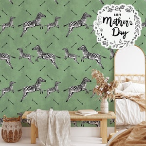 Green Flying Zebra Wallpaper, Zebras Wall Decor, Jumping Zebra Wallpaper