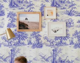 Blue Dinosaur Toile de Jouy Wallpaper, Vintage Prehistoric Nursery Decor, T-Rex Kids Room Paper