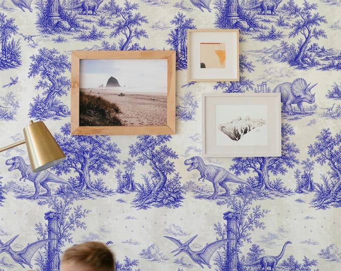 Blue Dinosaur Toile de Jouy Wallpaper, Vintage Prehistoric Nursery Decor, T-Rex Kids Room Paper