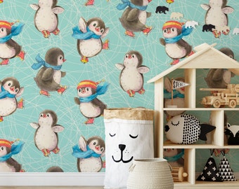 Baby Penguins Wallpaper | Kids Nursery Watercolor Decor | Cute