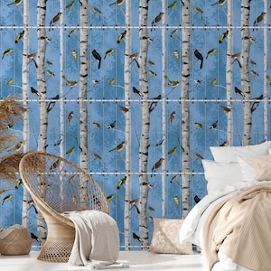Carta da Parati Vintage Bucolica con Uccellini Bianca e Blu,  Carta da parati Inglese con Fiori Retro