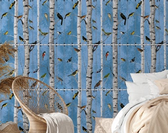 Vintage Birds Wallpaper, Hand-Drawn Birds in Cages, Birch Tree Design, Elegant Home Decor, Nature-Inspired Accent Wall