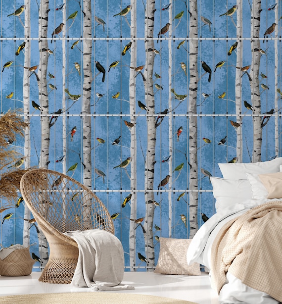 Vintage Birds Wallpaper, Hand-Drawn Birds in Cages, Birch Tree Design, Elegant Home Decor, Nature-Inspired Accent Wall