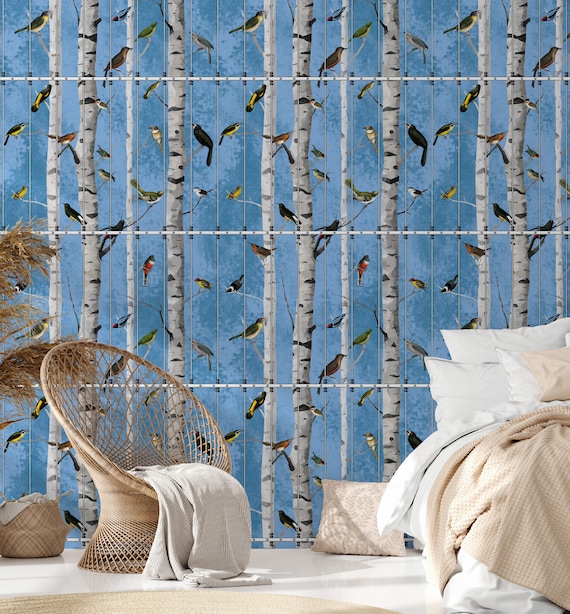 Vintage Birds Wallpaper with Hand drawn Birds in cages, Birch Tree Wallpaper