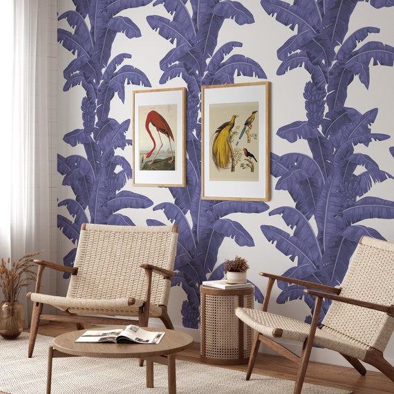 Blue Tropical Leaves Removable Wallpaper, Blue Palm Leaf Wall Mural, Vintage Exotic Plants Wall Art